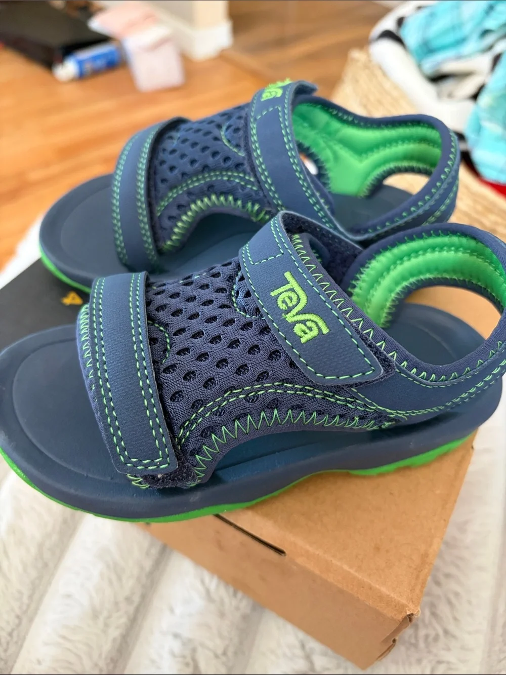 Teva Kids Navy and Bright Green Mesh Adjustable Sandals - 9